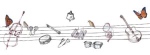 disegno di pentagramma con strumenti musicali